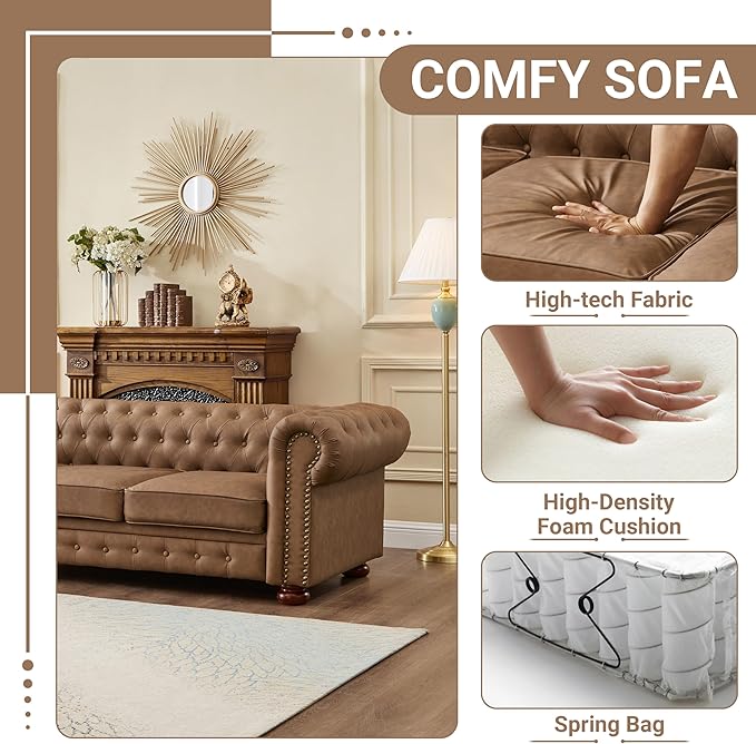 Chesterfield Leather Sofa 89 Mid Century Modern Couch with Low Back Roll Arm Nailhead Trim Classic 3 Seater Couch for Living Room Office Apartment Faux Leather Brown