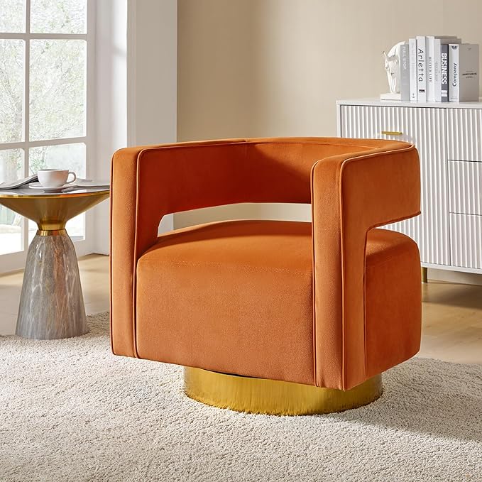 TINA'S HOME Swivel Accent Barrel Chair Modern Velvet Armchair with 3D Curved Open Back &amp Swivel Gold Metal Base Upholstered Club Chair for Living Room Bedroom Nursery Orange(No Assembly Require