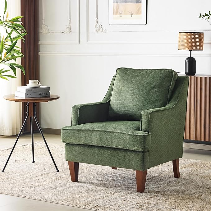 VINGLI Mid-Century Modern Accent Chair Green Upholstered Armchair Comfy Sofa Chair Reading Chair High Back for Living Room Bedroom Furniture Apartment