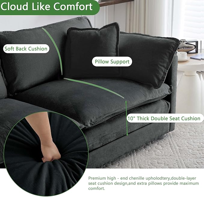 Spacious Modular Sectional Sofa with Movable Ottoman - Oversized 3-Seater Deep Seat Couch for Living Room Apartment - Flexible L-Shape Configuration for Family Gathering or Guest Bed (111.5 inch-L)