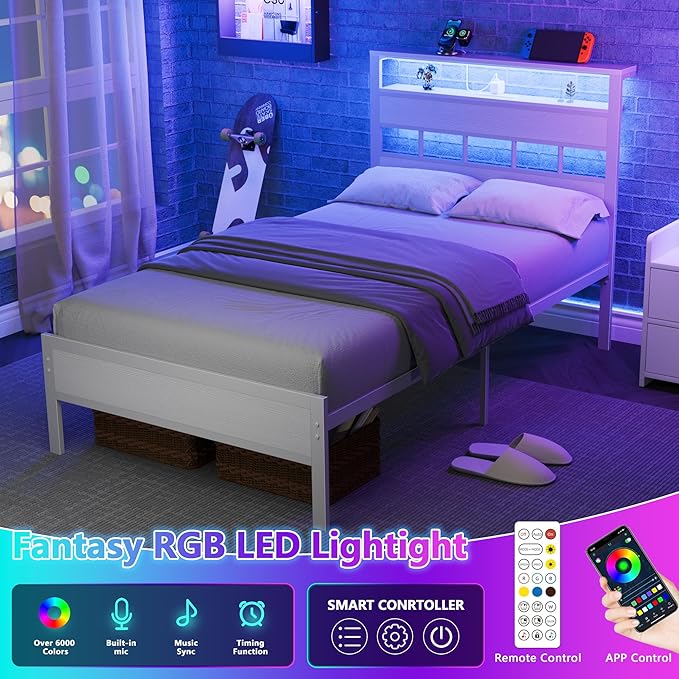Furnulem Twin Bed Frames with Charging Station and LED Lights Twin Size Platform Bed with Metal Slats Wood Headboard with 2-Tier Storage Shelves No Box Spring Needed White