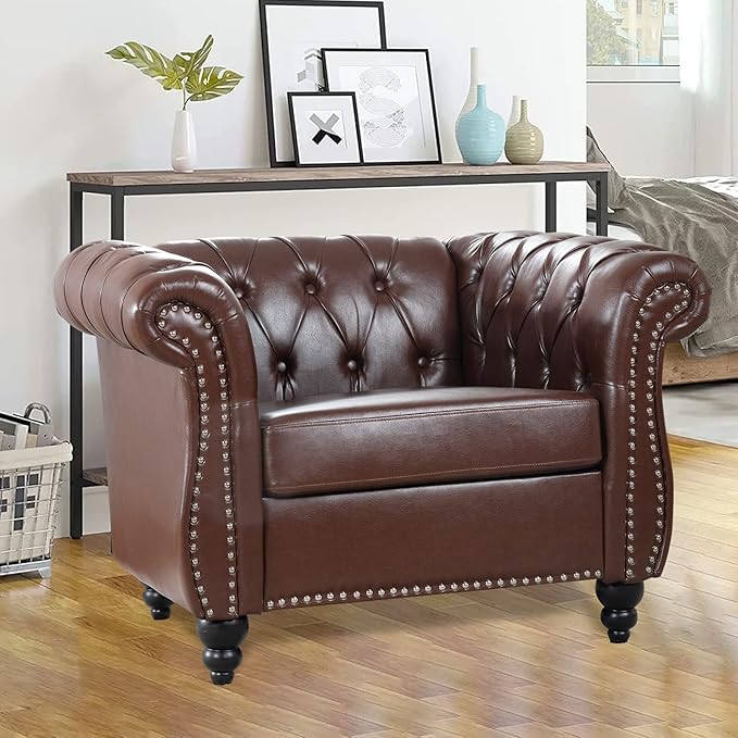 Brown Chesterfield Accent Chair Faux Leather Upholstered Tufted Wingback Club Chair Mid-Century Modern Living Room Chair with Sturdy Wood Frame Comfy Oversized Armchair for Bedroom Office