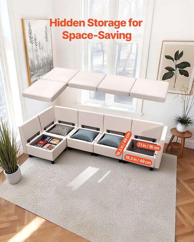 VEVOR Modular Sectional Sofa Modern 5-Seater Modular Sofa with Hidden Storage Customizable Cloud Sectional Couch Solid Wood Frame Upholstered Comfy Couch for Living Room Bedroom Beige