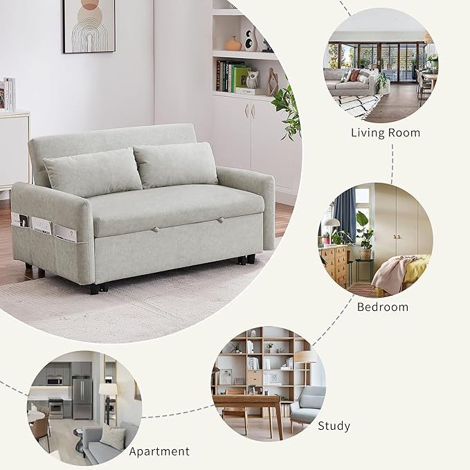 Merax 55.1 W Convertible Sofa Bed with Adjustable Backrest2 PillowsUSB Ports and 6 Storage Side PocketsPull-Out Sleeper Sofabed Microfiber Loveseat Couch for Living Room Bedroom ApartmentBeige