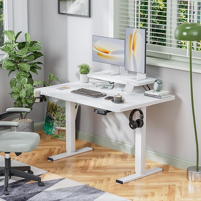 Shahoo Electric Standing Desk with Monitor Shelf 47 x 24 Inches Height Adjustable Corner Table Computer Workstation with Cup Holder and Hook for Home Office White 47x24 Inch
