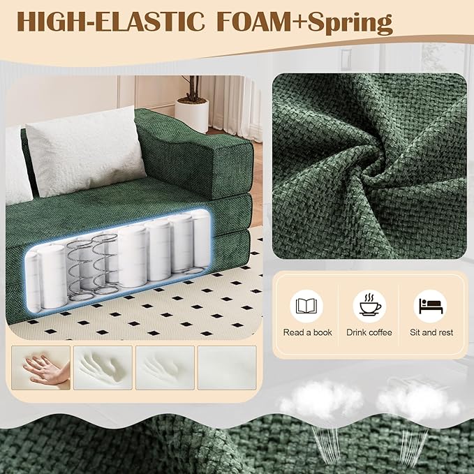 80 Convertible Folding Sofa Bed 4-in-1 DIY Combination Fold Out Sleeper Sofa Bed King Size Loveseat sleeper Couch w/ Removable Armrests Chenille Floor Couch Small couches for small spaces (Green)