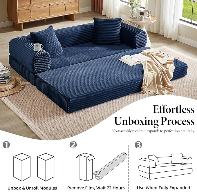 Folding Convertible Sleeper Sofa Bed Corduroy Upholstered Boneless Couch with Pillows Modular Floor Sofa Compression Couch for Living Room No Assembly Required (Blue)