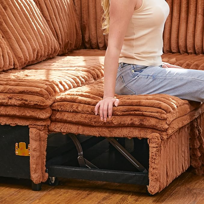 Belffin Corduroy Sleeper Sofa with Pull Out Bed Module Loveseat with Pullout Bed for Sectional Sofa Couch Brick Red Couch