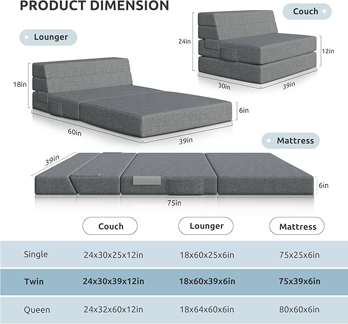 Youzi Foldable Sofa Bed Twin Sleeper Sofa Bed Couch for Guests 6 Inches Four-fold Foam Folding Chair for Home and Livingroom Washable Cover Dark Gray 75 x 39 x 6