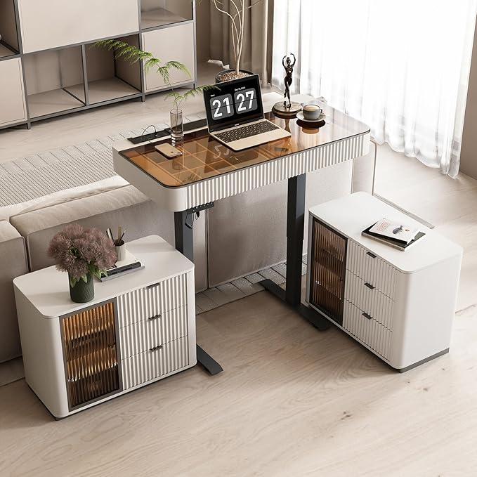 Lartis Office Desk Electric Standing Desk with Built-in Outlets Tempered Glass Top Modern Office Computer Desk with 2 Side cabinets (Ivory White 50)
