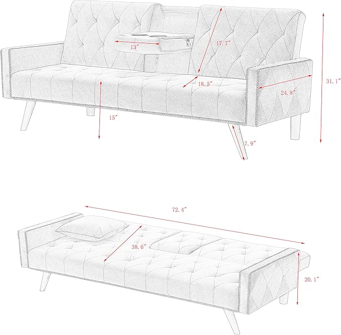 KEIKI 72 Velvet Loveseat Sofa Bed with Nailhead Accents &amp Tufted Backrest 3-in-1 Convertible Sleeper with Cup Holders for Small Spaces Pink