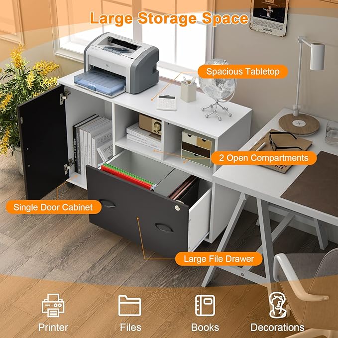 Lateral File Cabinet with Lock Filing Cabinet for Legal/Letter/A4 Size Files 40” Printer Stand with Open Storage Shelves for Home Office Mobile File Cabinets on Wheels