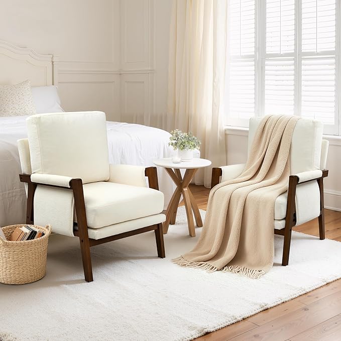 Accent Chairs for Living Room Set of 2 Modern Arm Chairs for Bedroom Wooden Upholstered Mid Century Accent Chairs Cream White