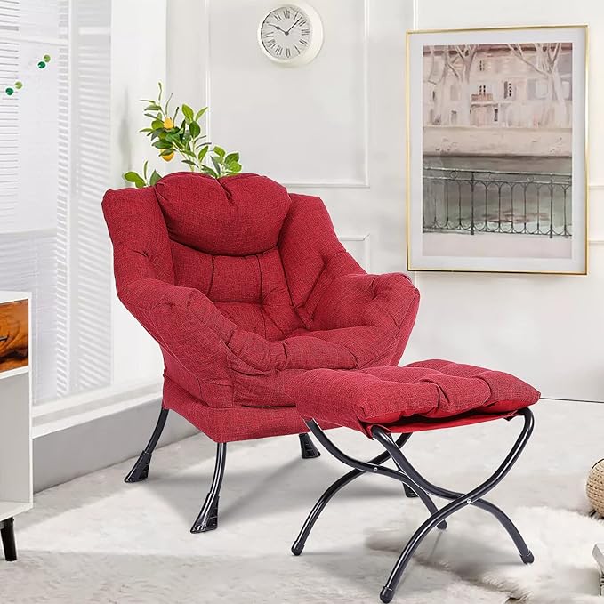 Modern Lazy Chair with Portable Ottoman Accent Contemporary Lounge Chair Steel Frame Leisure Sofa Chair Set with Footstool Armrests Side Pocket for Living Room Bedroom Office Red