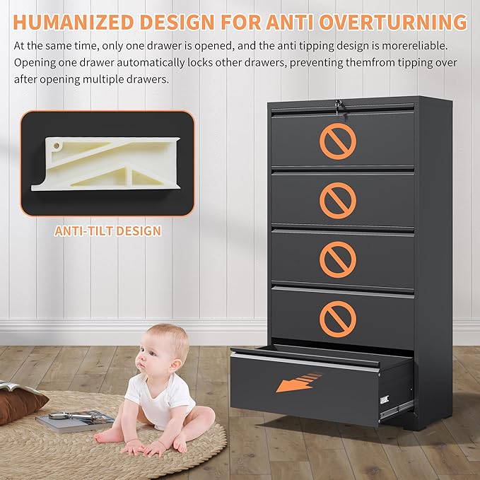 5 Drawer Small File Cabinet with Lock Under Desk Locking Storage Cabinet Organizer Filing Cabinets for Home OfficeBlack