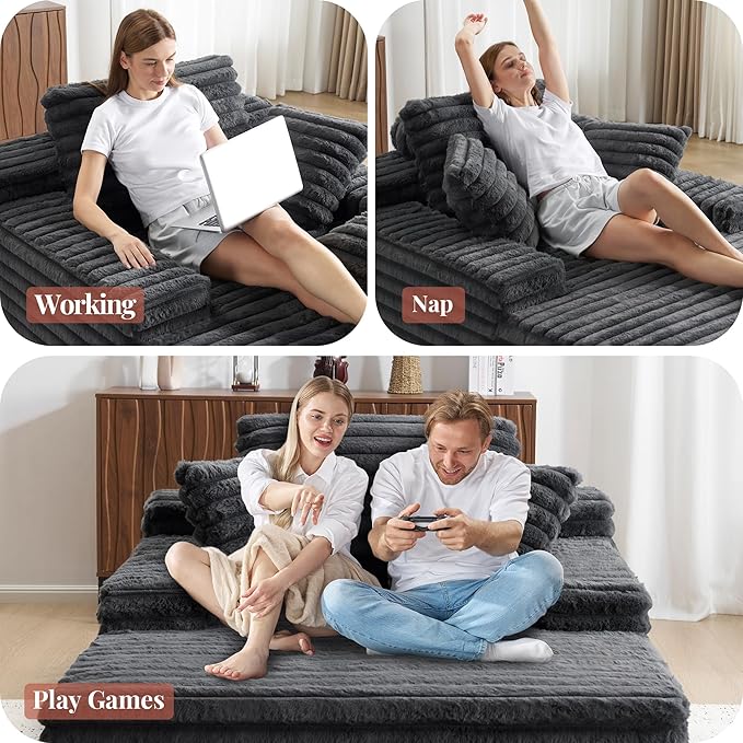Jocisland 67 inch Chaise Lounge No-Assembly Sofa Chaise with Throw Pillows and Armrests Faux Fur Sleeper Sofa for Living Room Apartments Gray