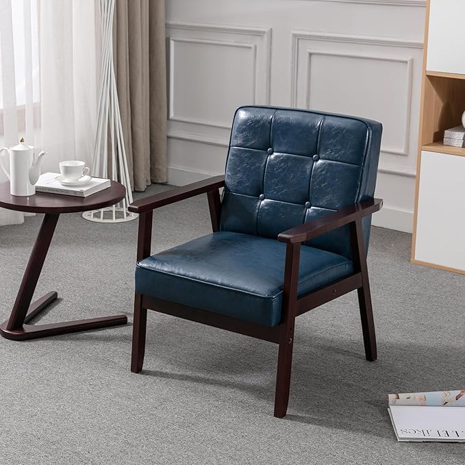 Okeysen Mid Century Modern Accent Chairs Retro Wood and Leather Armchairs Side Chair Lounge Reading Comfy Arm Chair for Living Room Bedroom Office (Blue)