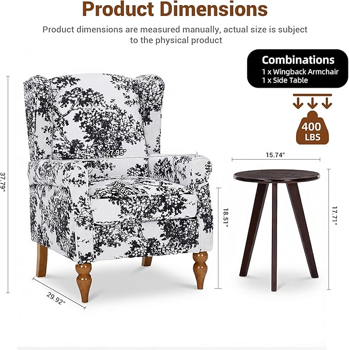 High Back Wingback Accent Chair Modern Upholstered Armchair Comfy Reading Chair with Solid Wood Legs for Living Room Bedroom Library Floral