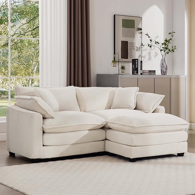 KEIKI 80 L-Shaped Oversized Corduroy Modular Sectional Loveseat Sofa with 1 Ottoman High-Density Foam Cushions Removable Armrests Upholstered 2-Seater Couch with 4 Pillow for Living Room Beige