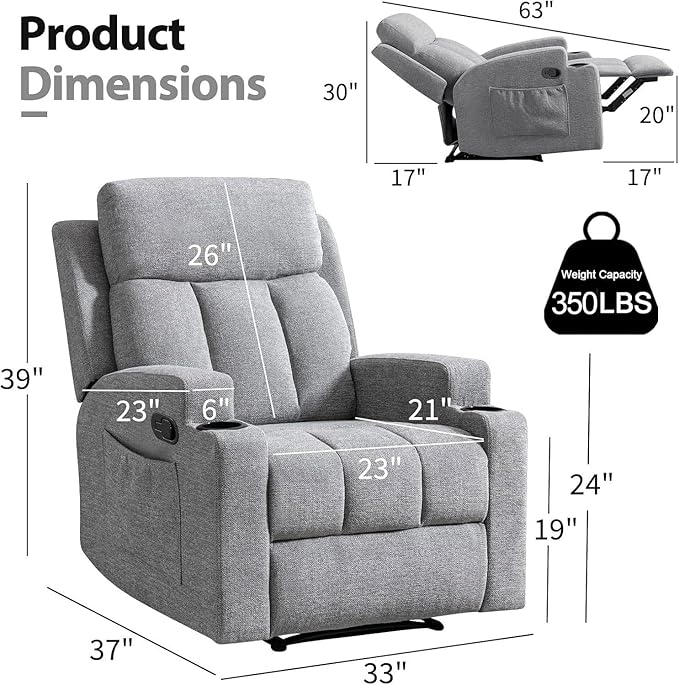 CANMOV Manual Massage Heat Recliner Chair Set of 2Soft Fabric Recliner Chair with Overstuffed Arm and Back Manual Reclining Single Sofa with 2 Cup Holders Side Pocket for Living RoomLight Grey