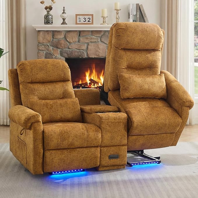 Power Lift Recliner Loveseat Sofa for Elderly Dual Motor Electric Recliner with Massage &amp Heat 2-Seater Velvet Couch with Independent Control Console Cup Holder &amp Power Outlet (Yellow 69”