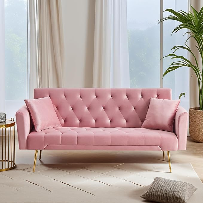 Anwick Modern Velvet Sofa Bed Futon with 2 Pillows2-in 1 Convertible Sleeper Couch BedFolding Recliner Loveseat with Golden Metal Legs for Living Room Apartment Office (Pink)