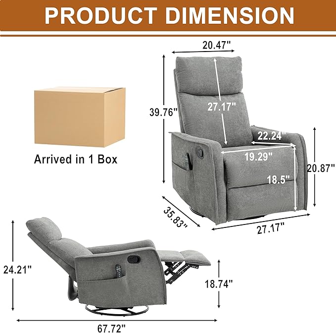 Manual 360° Swivel Rocker Recliner Chair for Adults Overstuffed Glider Chair for Nursery with Vibration Massage &amp Heat Comfy Soft Fabric Recliner Chair with Side Pockets for Living Room Light G