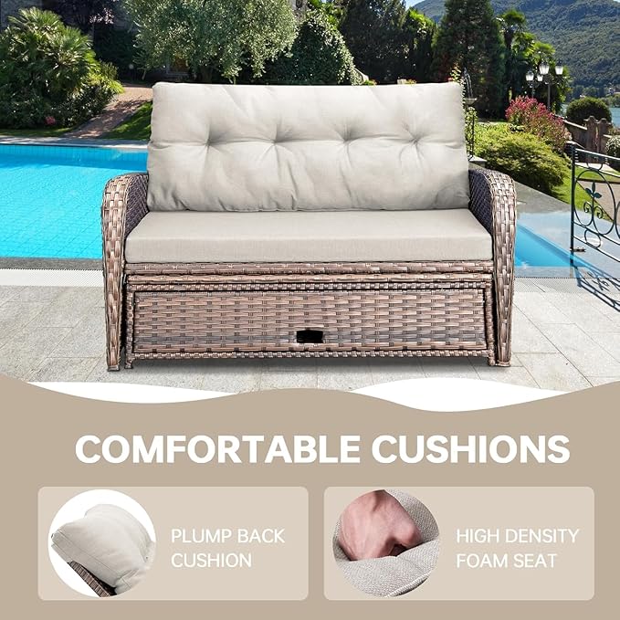 Outdoor Daybed Patio Daybed Wicker Recliner for Two with Multifunctional Recliner and Stowable Side Tray 5 Level Adjustable Backrest (Beige)