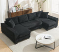 KEIKI 114 U-Shaped Corduroy Sleeper Sectional Sofa with Pull-Out Bed Adjustable Backrest 2 Chaise Lounge 2 Pillows Convertible 4-Seater Upholstered Couch Easy Assembly for Living Room Black