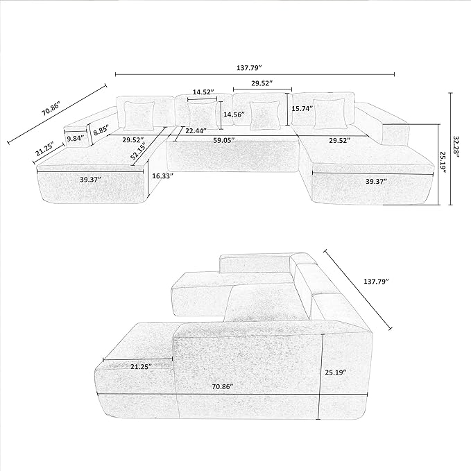 137'' Modular Sectional Couch Modern U-Shaped Floor Sofa with Double Chaise Lounge Comfy Corduroy Fabric Couch Upholstered Corner Free Combination Sofa for Living Room Apartment Green