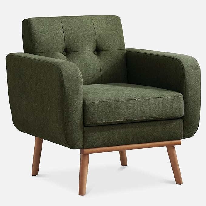 HUIMO Fabric Accent Chair Mid Century Modern Arm Chair Button Tufted Living Room Chairs for Bedroom Study Office (1 Green)