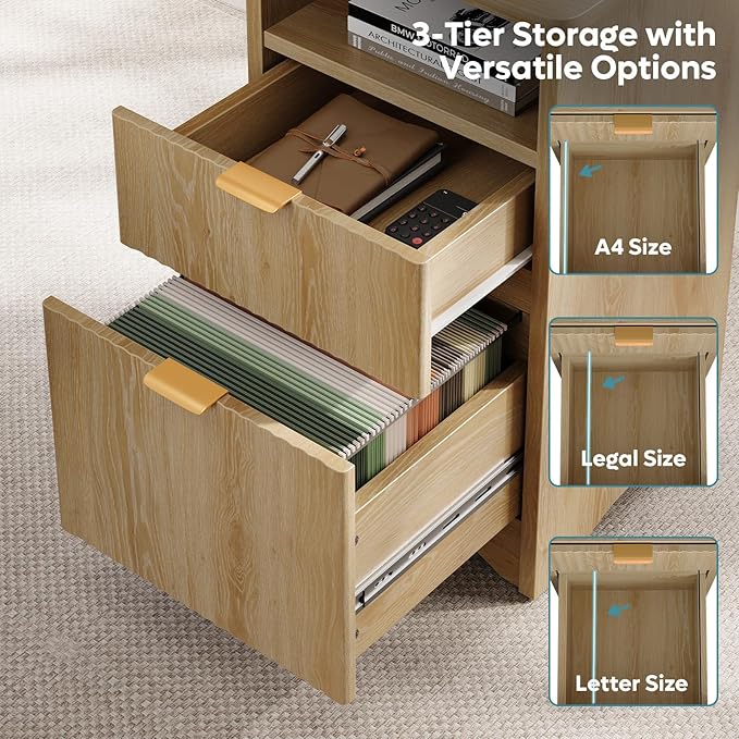 Bestier L Shaped Desk with File Drawer 55.7 x 55 Office Computer Desk with Round Corners Modern Desk with Monitor Stand &amp Fluted Panels for Home Office Natural Oak