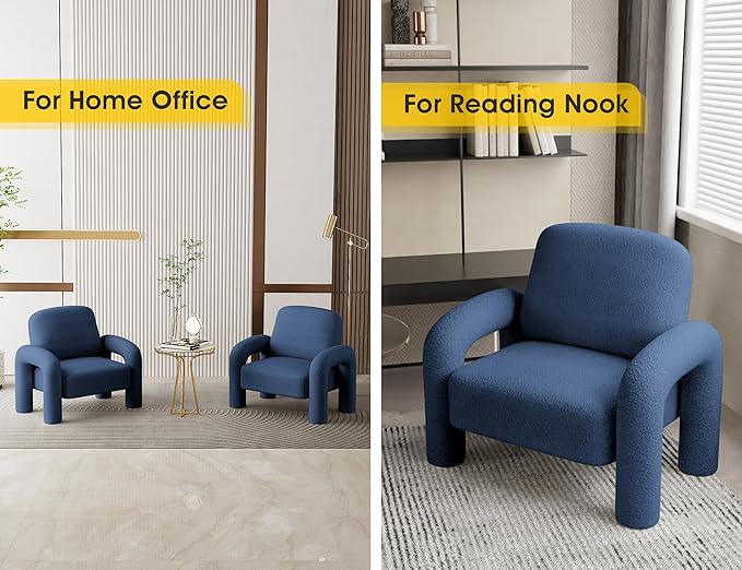 Modern Sherpa Accent Chair Teddy Upholstered Arm Single Sofa Cozy Fluffy Reading Chair for Living Room Bedrooms Corner (Navy Blue)
