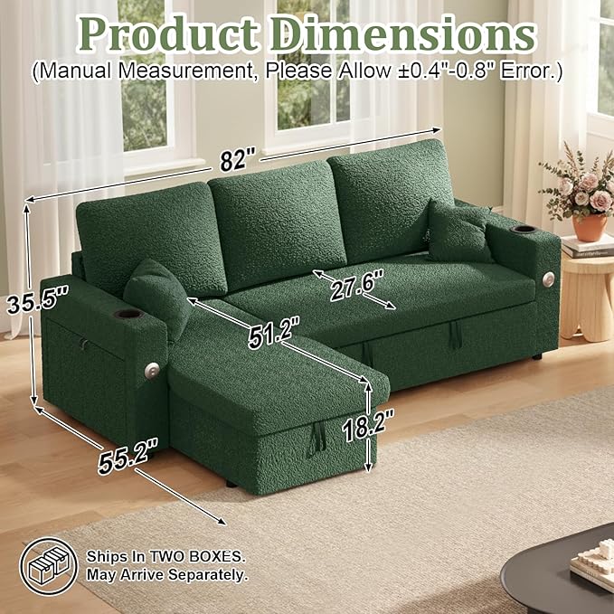 82 Inch L-Shape Sectional Couch 4-in-1 Multifunctional Pull-Out Couch Sleeper Sofa with Storage Chaise Charging Station Cup Holder for Living Room/Office/Apartment (Green)