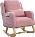 Nursery Rocking Chair Glider Chair with Side Pockets and Pillow Upholstered Side Chair with Rubber Wood Legs Comfy Accent Arm Chair for Bedroom Living Room (Pink Teddy)