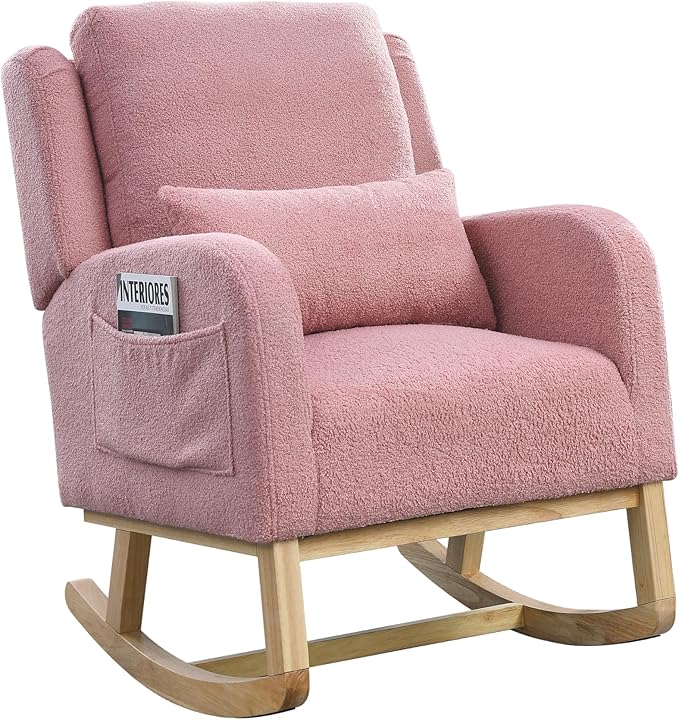 Nursery Rocking Chair Glider Chair with Side Pockets and Pillow Upholstered Side Chair with Rubber Wood Legs Comfy Accent Arm Chair for Bedroom Living Room (Pink Teddy)