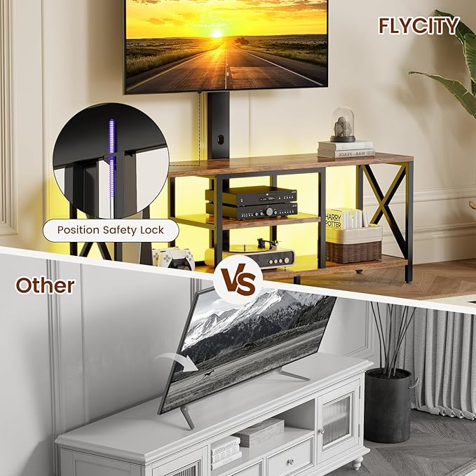TV Stand with Mount and LED Lights Universal TV Stand Mount for 32-75 inch TV Entertainment Center with Storage Metal TV Console Table Height Adjustable TV Stands for Living Room Rustic Brown