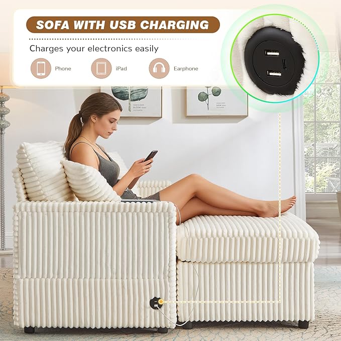 Chaise Lounge Chair Indoor 68 W Corduroy Loveseat Sectional Couch with Sorage Ottoman/Wing Table/Charge Ports/Cup Holder Modern Comfy Deep Seat Reading L-Shape Sofa for Living Room White