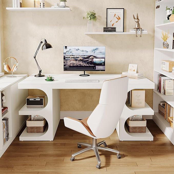 Tribesigns Modern Executive Office Desk 63-Inch Large Computer Home Office Desk with Storage Shelves Wood Study Writing Table Workstation Business Furniture White