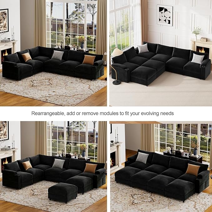 Sectional Couches for Living Room FSC Certified Velvet Modular Couch Oversized Cloud U Shaped Convertible Sleeper Sofa Chaise Detachable Armrest Cushion (Chenille Black Sleeper 8 Seat)