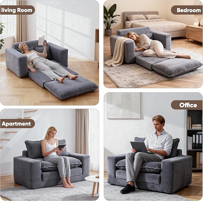 58 Pull Out Sofa Bed Convertible 2 in 1 Folding Loveseat Sofa Couch Corduroy Boneless Floor Sleeper Mattress Futon Deep Seat Wide Arm for Apartment Bedroom Living Room No Assembly 58-Grey