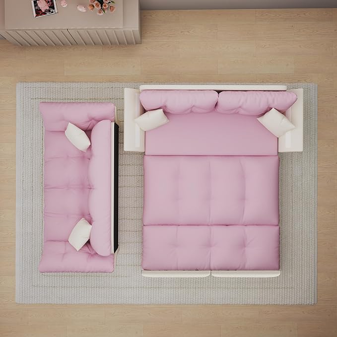 3-in-1 Folding Convertible Sleeper Tufted Sofas Pull Out Sofa Bed with 2 Soft Pillows Multi-Functional Velvet Loveseat Bed Pink