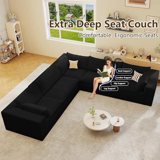 Modular Sectional Sofa Corduroy Plush L Shape Cloud Couch Modern Deep Seat Boneless Couches for Living Room Large Compression Sofas Luxury Fluffy Couchs Sectionals Black