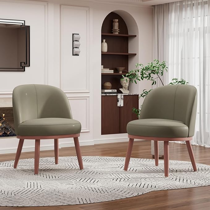 Accent Chair Set of 1 PU Leather Mid-Century Modern Chair for Small Space Comfy Upholstered Armless Chair for Living Room Bedroom Olive Green