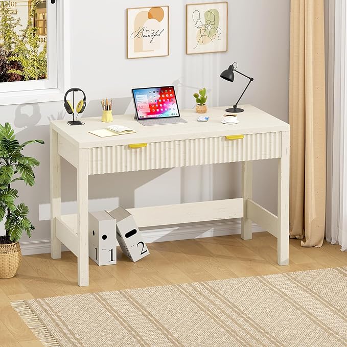 Fluted Computer Desk with 2 Drawers 39 Inch Small Computer Desk with Storage Compact Writing Study Vanity Desk for Small Spaces White