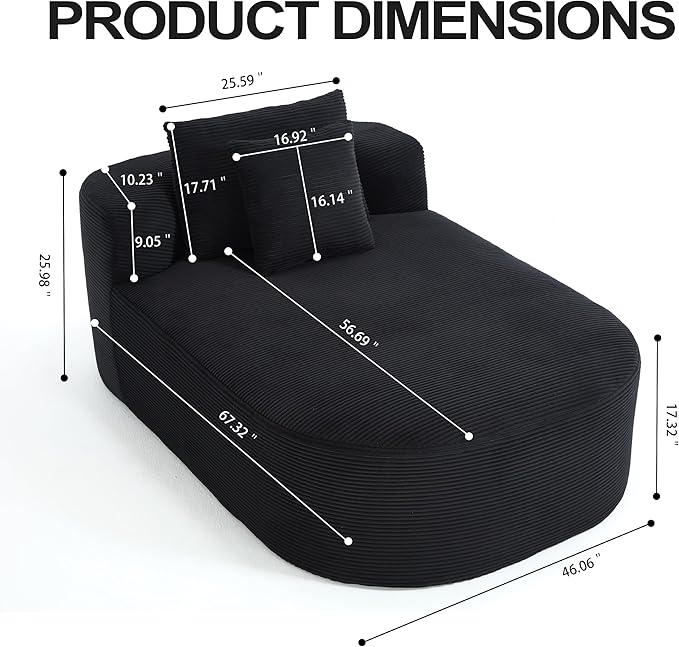 46 Chaise Lounge Chair Indoor Cloud Sleeper Sofa Bed with Pillows Corduroy Upholstered Sofa Couch for Living Room Apart No Assembly Required Black