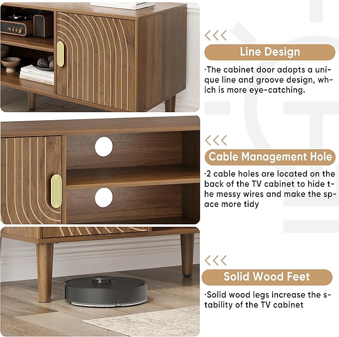 Smuxee Walnut TV Stand with Line Groove Design 47.2 Mid Century Modern TV Media Console for TVs up to 55 TV Cabinet with Adjustable Shelf &amp 2 Cabinets for Living Room