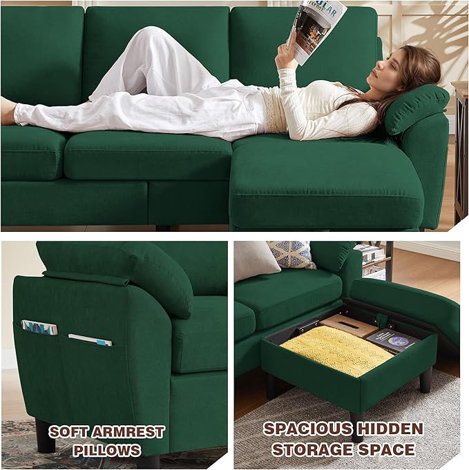 Convertible Sectional Sofa Set 79 Modern L Shaped Couch and 57 Loveseat Linen Upholstered 3 Seat Sofa Couches for Living Room Apartment Green