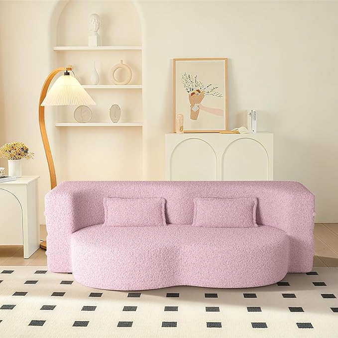 78 Convertible Sofa Bed 2-in-1 Folding Floor Couch with 2 Pillows Sleeper Sofa for Living Room and Bedroom No Assembly Required (Pink Teddy Fabric)