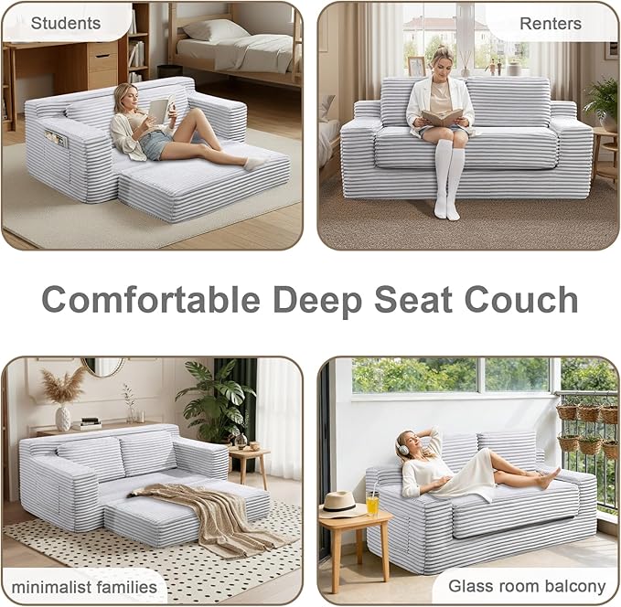 Boneless Loveseat Sofa: 70 Inch Corduroy Cloud Double Sofa 2-in-1 Convertible Cloud Sofa Bed for Living Room Apartment &amp Small Spaces (Minimalist Light Gray)